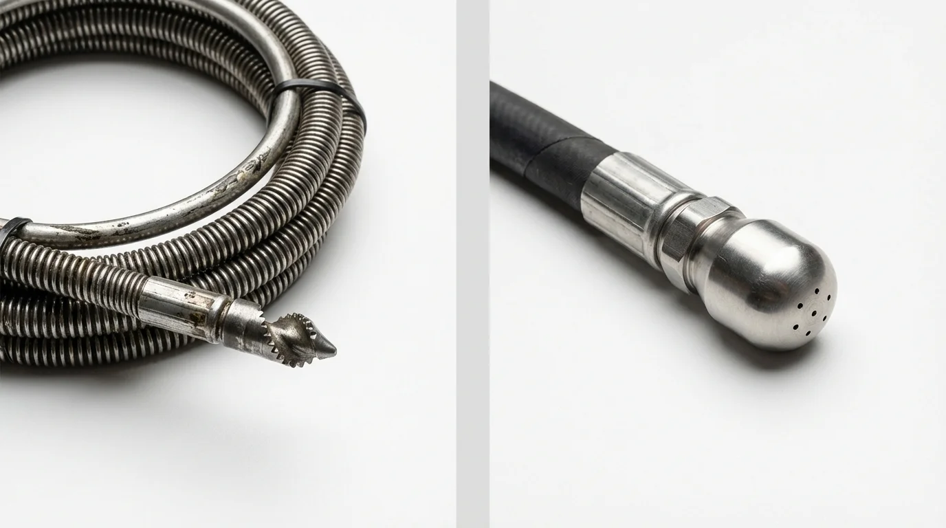 Drain snake cable and hydro jetting nozzle used for drain cleaning in San Diego, TX
