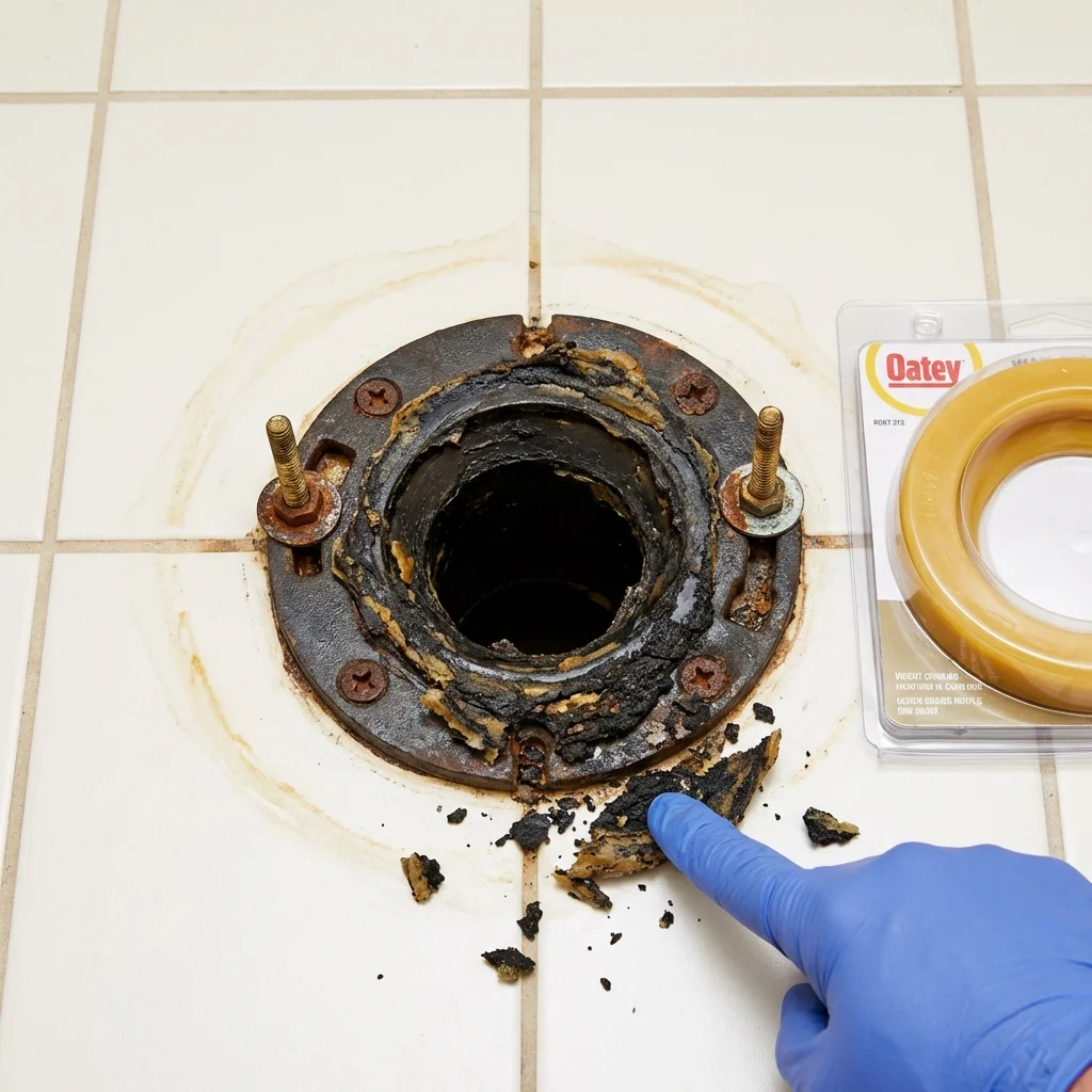 Failed wax ring showing water seepage at the base of a toilet in a San Diego, TX home