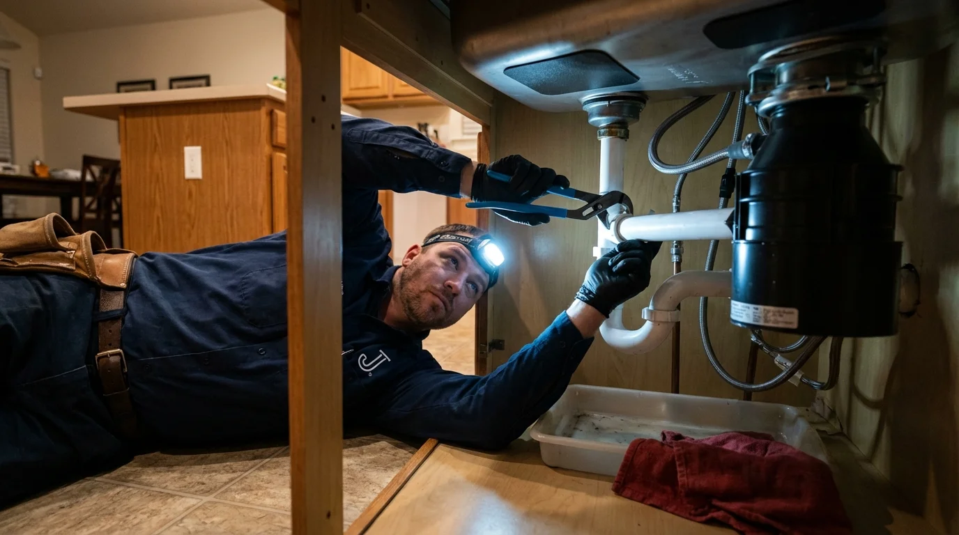 P-trap and supply line connections under a kitchen sink showing a common leak point in San Diego, TX